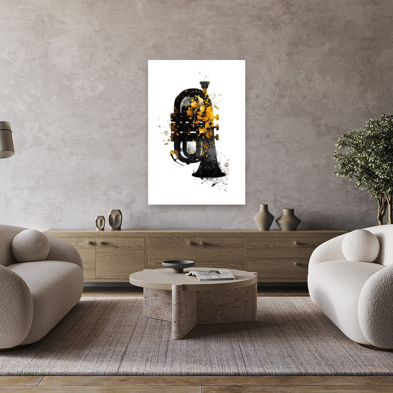«Golden Splash Trumpet», art mural moderne abstrait, H 48 po x l 32 po