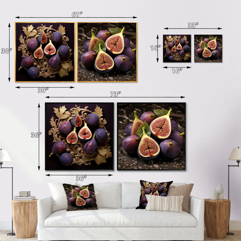 Figues gothiques en filigrane de fruits - fruits, ensemble de 2 collages carrés, H 16 po x l 33 po, Cadre flottant doré
