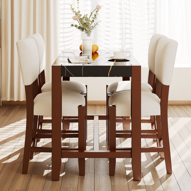 Ensemble de salle à manger 5 pièces à hauteur de comptoir avec table en faux marbre et 4 chaises rembourrées, Noir, Beige