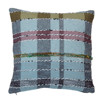 Woven Cotton And Wool Madras Plaid Pillow With Chambray Back
