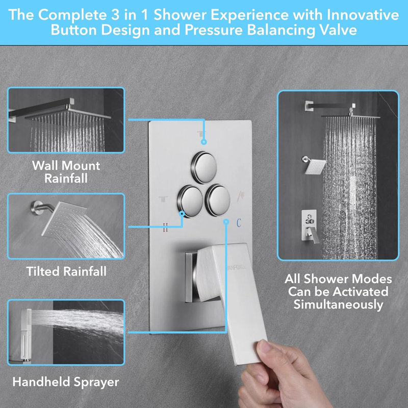 VANFOXLE Shower System With Push Button Diverter, 2-In-1 Handheld Shower Head, High Pressure Rainfall Shower, Anti-Scalding Valve, And Durable Wall Mount Design
