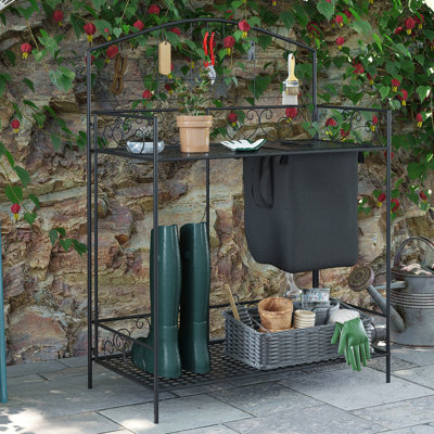 Banc de jardinage portable, table de travail en métal avec sac et housse, 5 crochets et tablette, ergonomique pour le jardinage en toute tranquillité, bureau de qualité pliable noir, plantation intégrée
