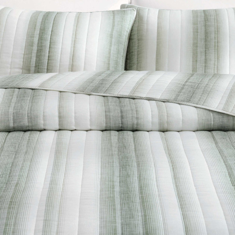 Tropical Cotton Standard Quilt, King Quilt + 2 King Shams, Green Striped