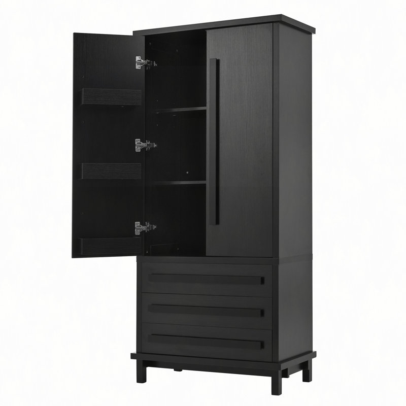 Armoire de cuisine 70 "avec 2 tablettes d'armoire, armoire de luxe en bois avec 6 tablettes de porte et 3 tiroirs pour la cuisine, la salle à manger, noir