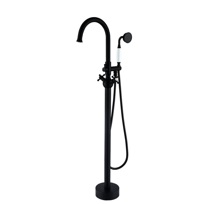 Hand Shower Accompanied Tub Faucet - Matte Black, Metal, Bathroom Fashion Black Freestanding Bathtub With Shower, Metal Durability Upgrade Feature