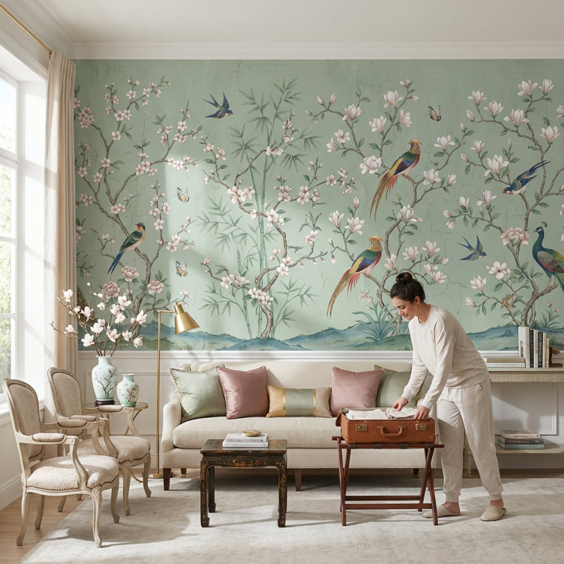 Adhésif mural floral chinoiserie, Non-Woven Nonpasted, 120 po x 96 po