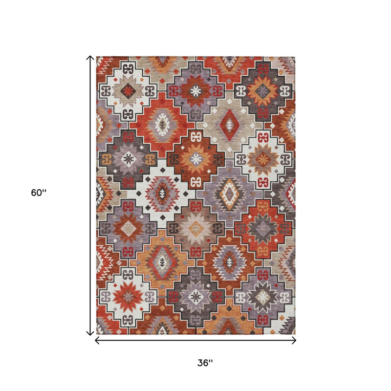 3' X 5' Rust Lavender And Ivory Southwestern Washable Indoor Outdoor Area Rug