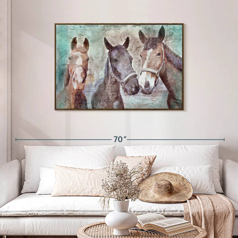Three Horses Neigh, Floating Frame Walnut, 43" X 29"