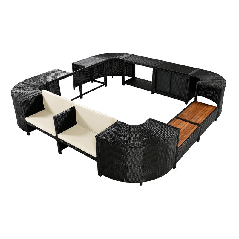 Ensemble de canapé modulaire en rotin quadrilatéral avec cadre mini spa, sièges en bois et espaces de rangement Spa, Beige