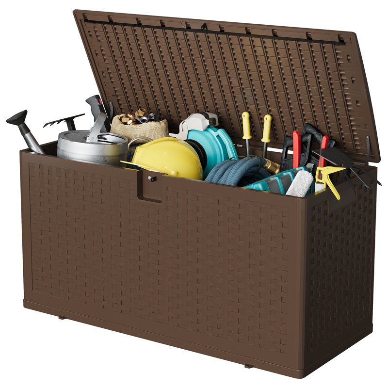 73 Gallon Brown Imitation rattan Resin Deck Box Lockable Large Outdoor Storage Boxes Waterproof Outdoor Storage Bin for Patio Furniture, Outdoors Cushions, Garden Tools and Pool Supplies