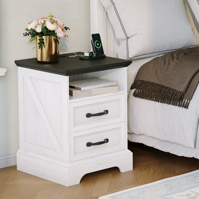  Table de chevet 18 po avec station de charge, table de bout avec rangement à 2 tiroirs, table de chevet, armoire de chevet pour chambre à coucher, salon et bureau personnel, 18 po, blanc et 1 pièce