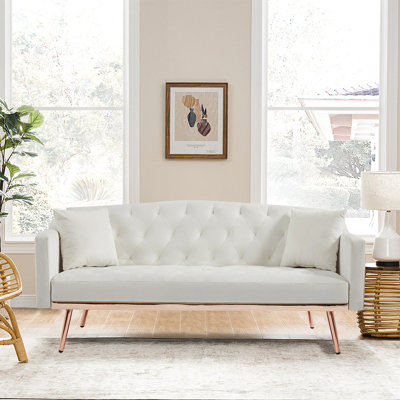 64.9""Modern Tufted Sofa Sofa Bed, Convertible Velvet Futon Sleeper Couch With Rose Gold Metal Legs&2 Pillows, Elegant White -  Mercer41, 21093B2969C644419013EB5A8AC78908