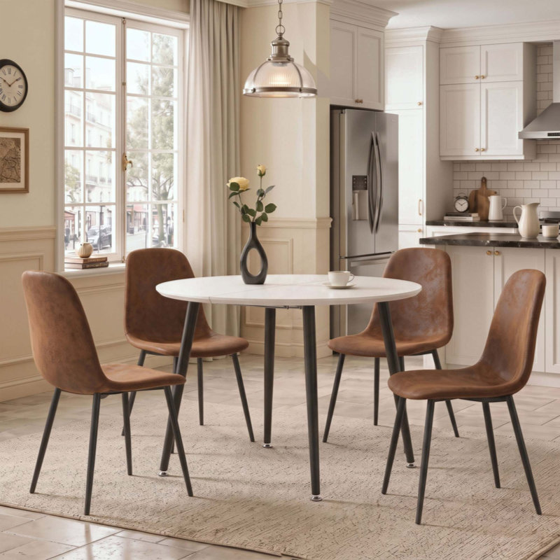 Ensemble table et chaises de salle à manger extensibles, plateau en MDF avec pieds en métal + 4 chaises de salle à manger modernes de style Mid-Century Modern