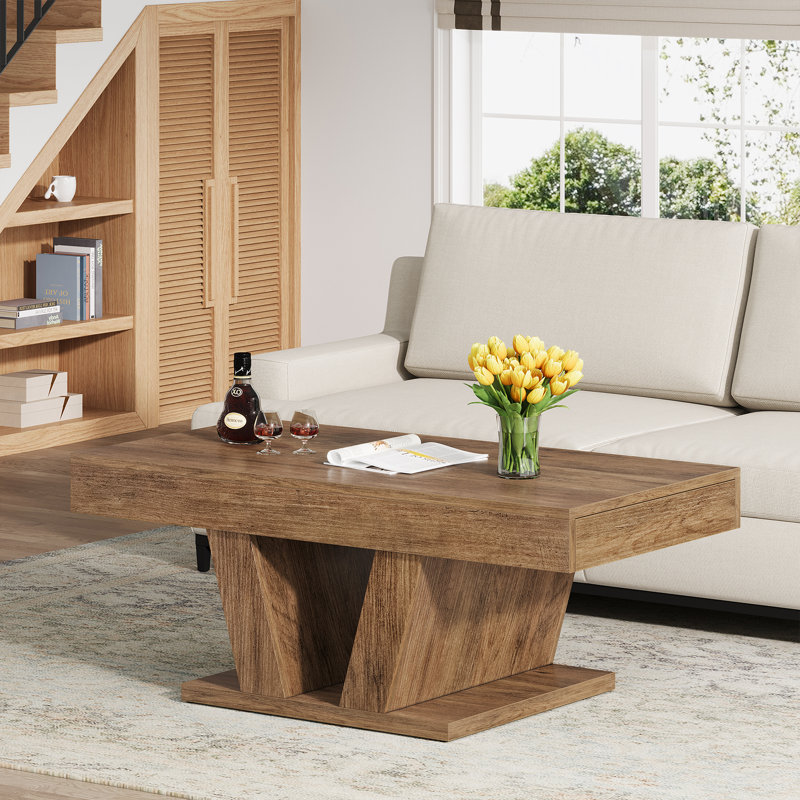 Lakeyia 43'' Coffee Table with 2 Drawers, Cocktail Center Table, Oak