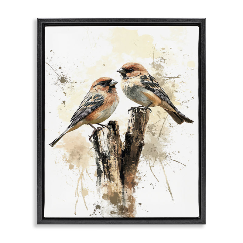 «Twin Birdies on Perch Floater», art mural par Franklyn Gregory, H 31 po x l 25 po, Cadre flottant noir de jais
