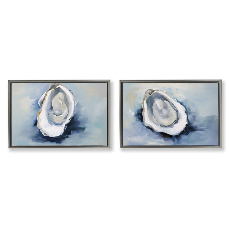 «Open Oyster Mollusk Shells», ensemble de 2 toiles flottantes encadrées par Petal Prints Design, Cadre flottant gris lustré