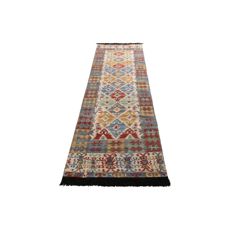Rug & Kilim’S Classic Turkish Runner In Gold And Blue Geometric Pattern, Runner 2'6" x 10'