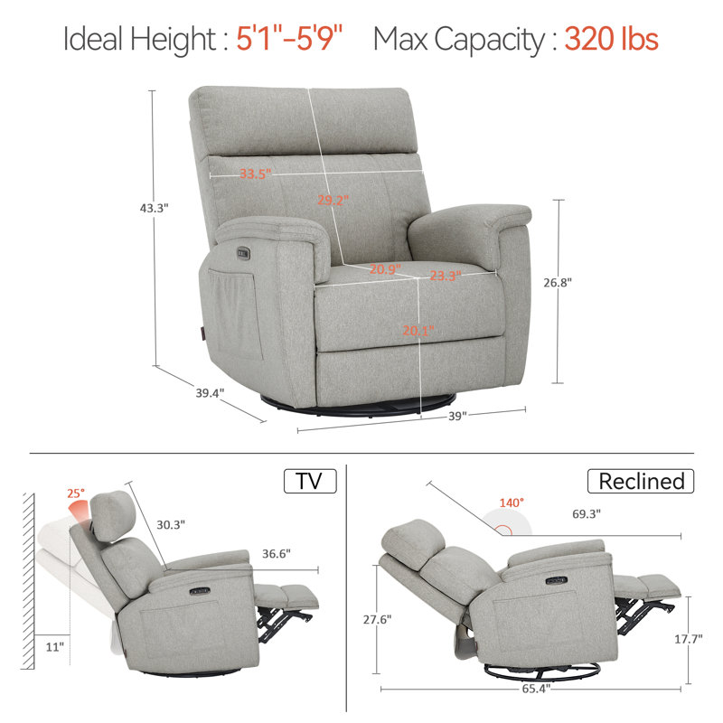 Swivel Glider Power Recliner Nursery Chair with Adjustable Headrest and Nightlight, Fabric Upholstered, Mist Gray