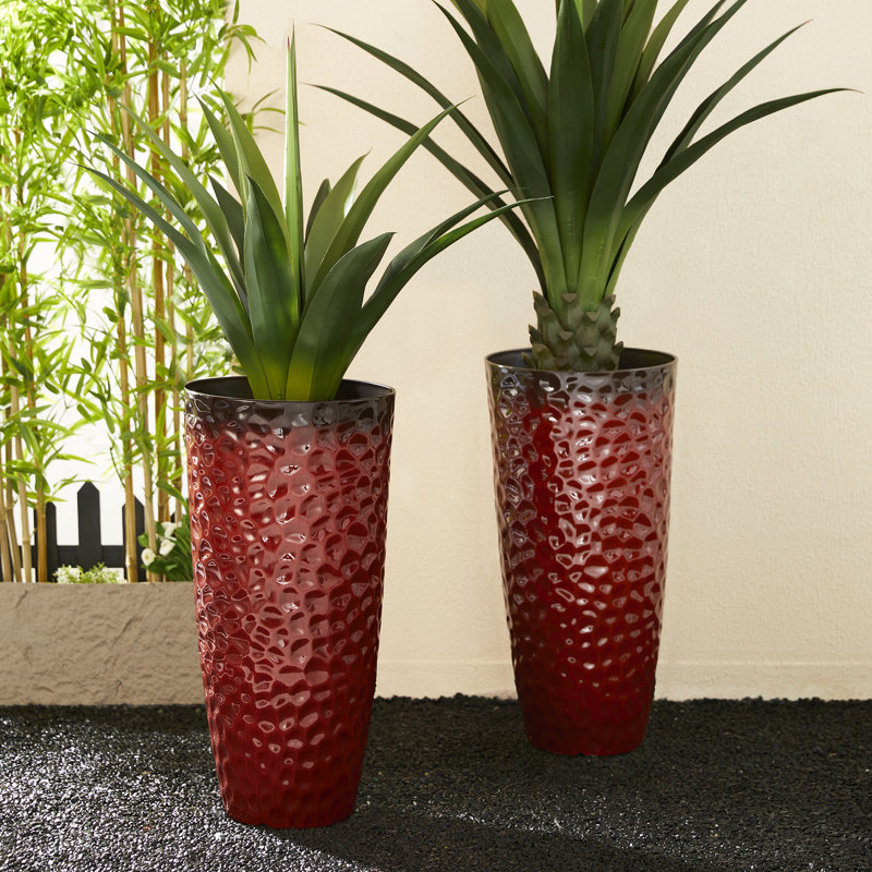 31"H Set Of 2 Oversized Eco-Friendly PP And Stone Honeycomb Textured  Tall Plastic Planter, Red