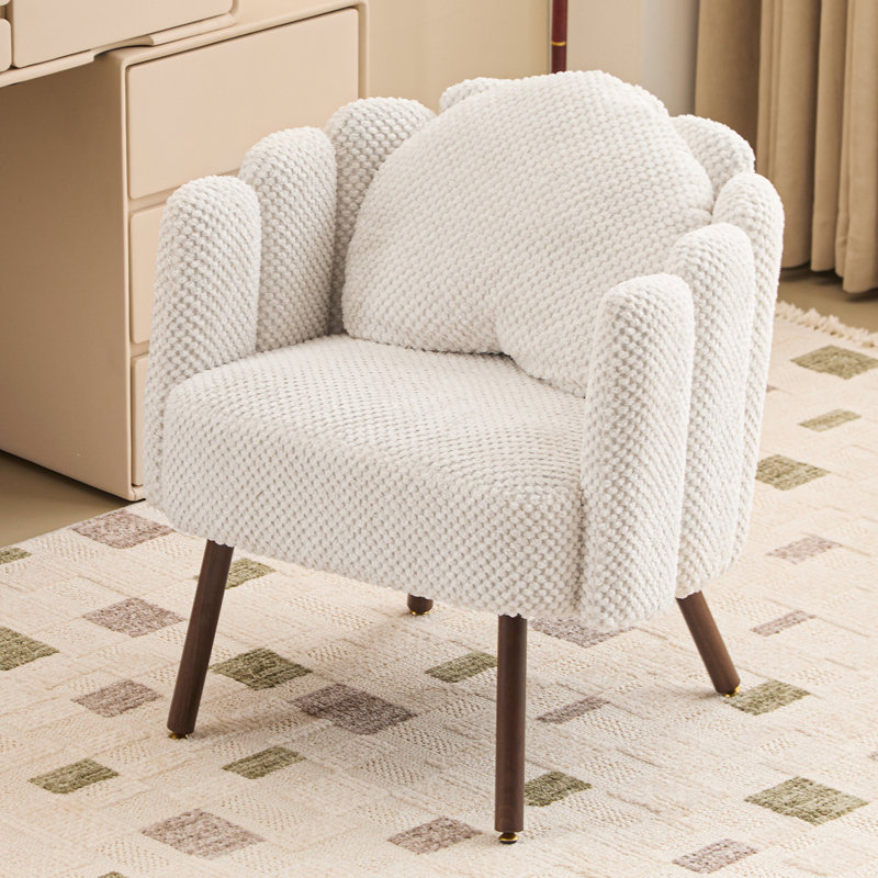 24" Wide Cute Petal Vanity Chair with Detachable Back and Heart-shaped Pillow, Upholstered Accent Chair for Bedroom, Beige