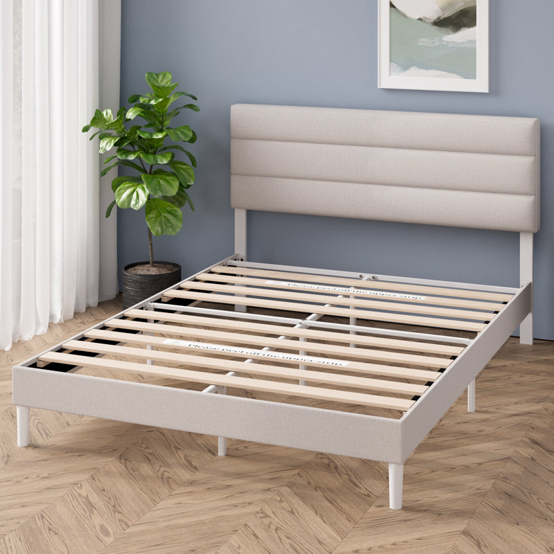 Bellay Upholstered Bed Frame with Channel Tufted Headboard, White, Double (4'6)