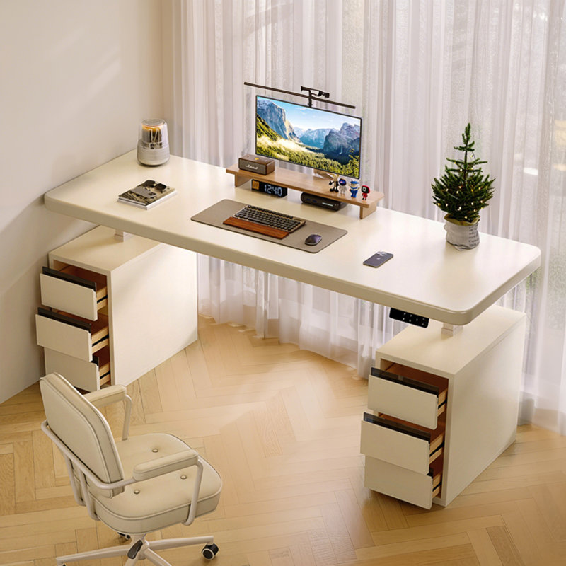 Bureau de coin électrique à hauteur réglable en bois massif crème blanc, H 29,53 po x l 78,74 po x P 23,62 po