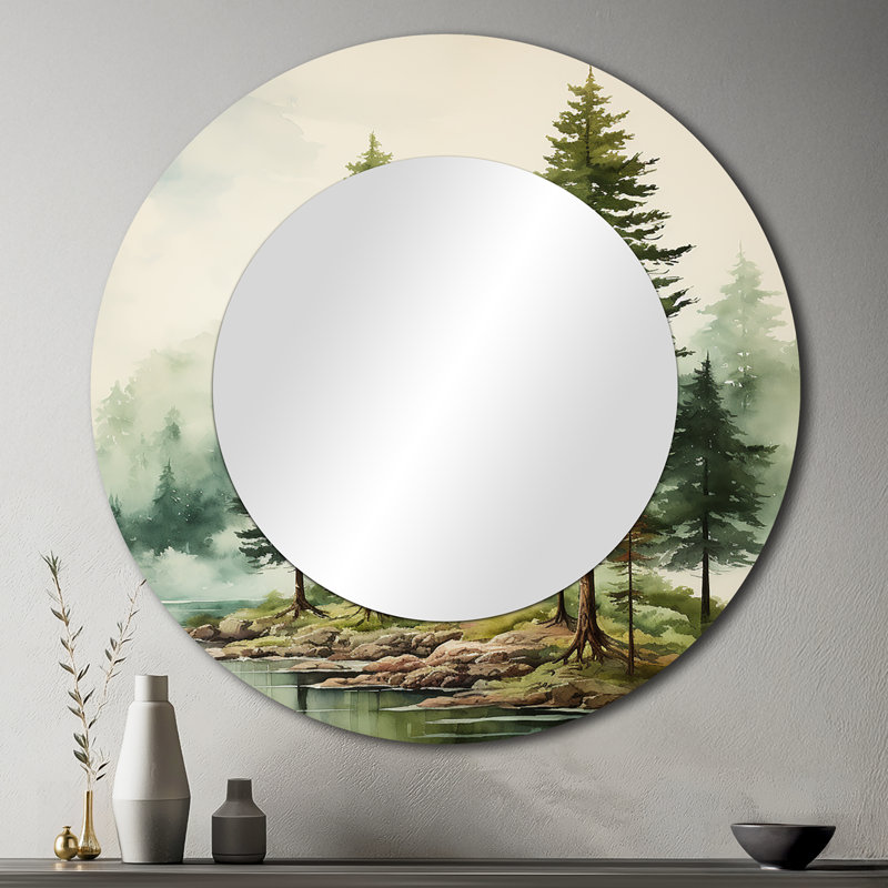 Saifa, pin vert, éternels gardiens III - miroir décoratif en pin, miroir mural rond vert, impression sur métal, 36 po x 36 po