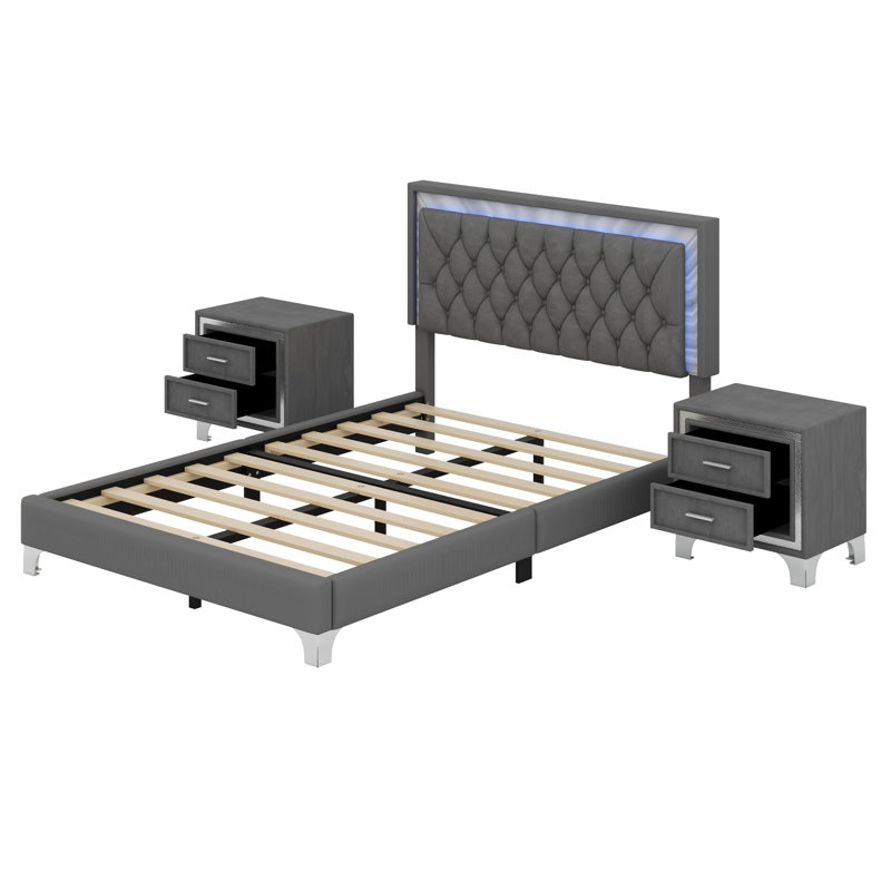 Ensemble de chambre à coucher 3 pièces (grand lit) - Lit plateforme tapissier (avec lumières DEL) et deux tables de chevet