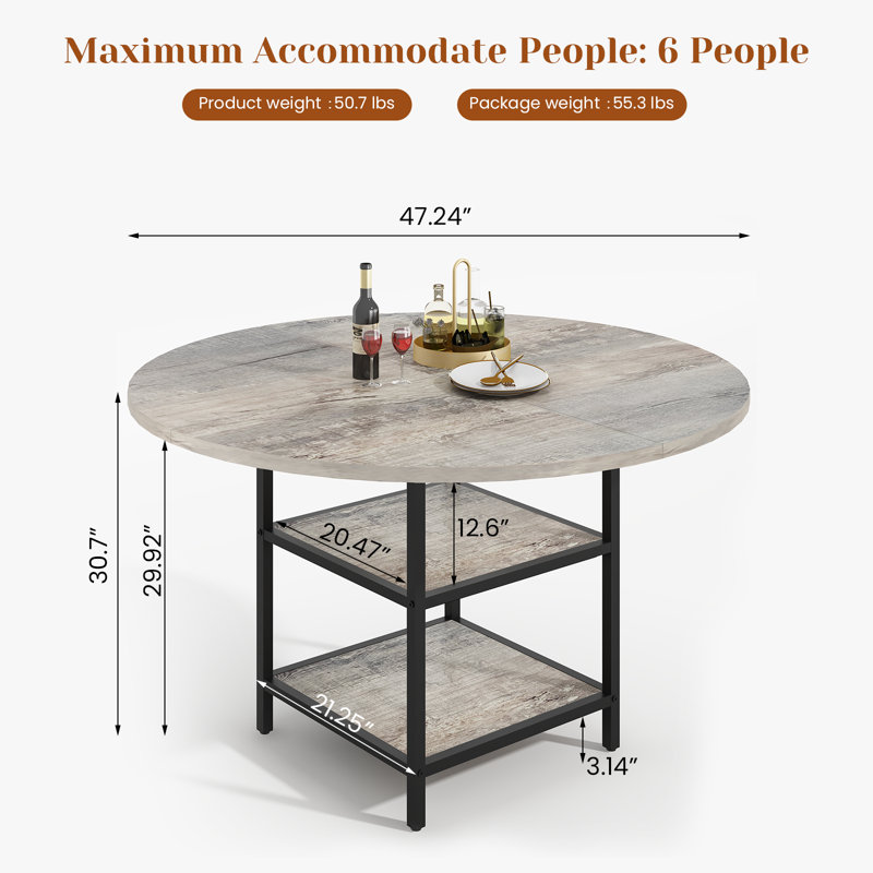 Manresa Round Dining Table for 4-6, Round Dining Table with Storage, Gray Wood