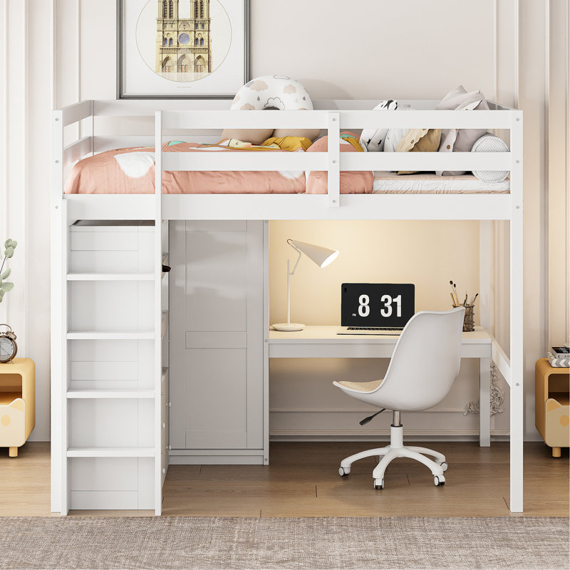 Lit double en bois de pin blanc avec lit garde-robe encastré pour bureau