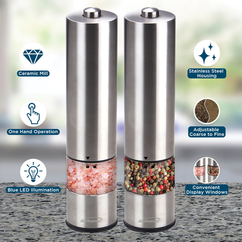 Electric Blue LED Stainless Steel Salt and Pepper Adjustable Ceramic Grinders