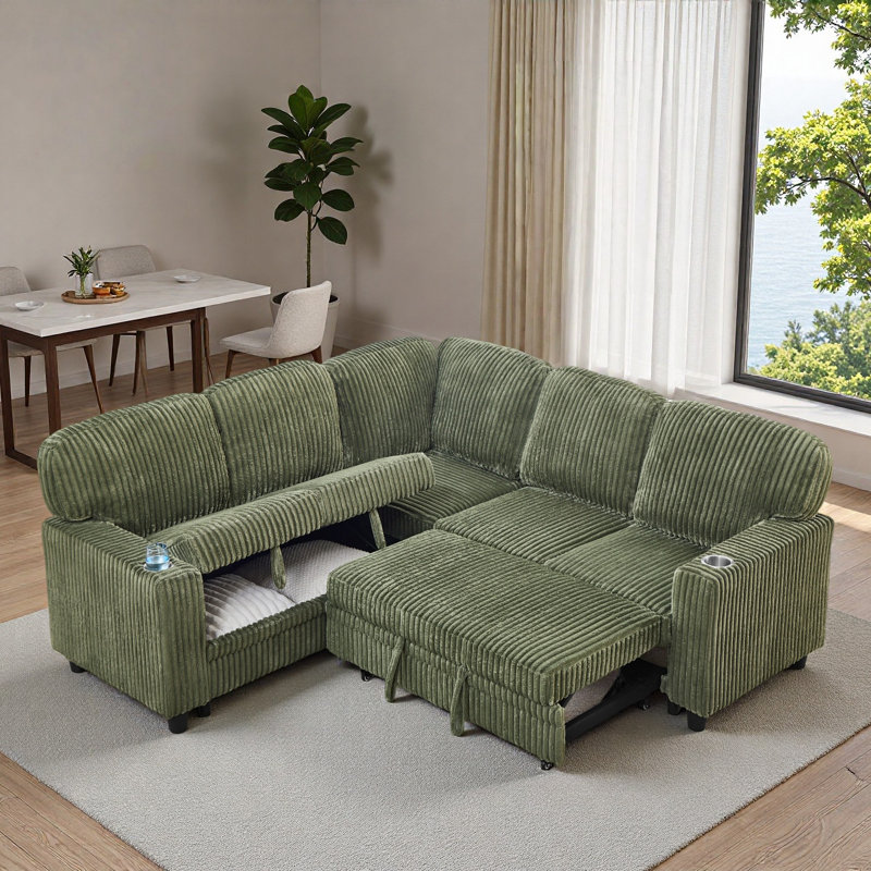 L-Shaped Sectional Sofa Bed With Pull-Out Bed, Storage, Usb Charging And Cup Holders