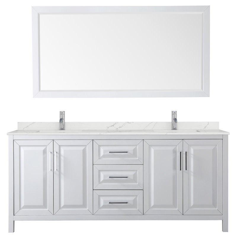 Ensemble de meuble-lavabo double 80 po avec dessus en quartz et miroir Daria, Quartz Giotto, Blanc, Chrome poli