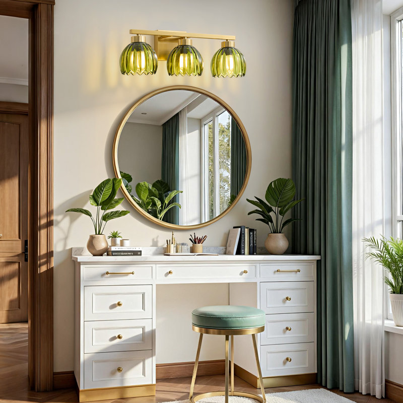3-Light Dimmable Vanity Light With Green Vintage Floral Tulip Glass Shade, Green, 3 Lights