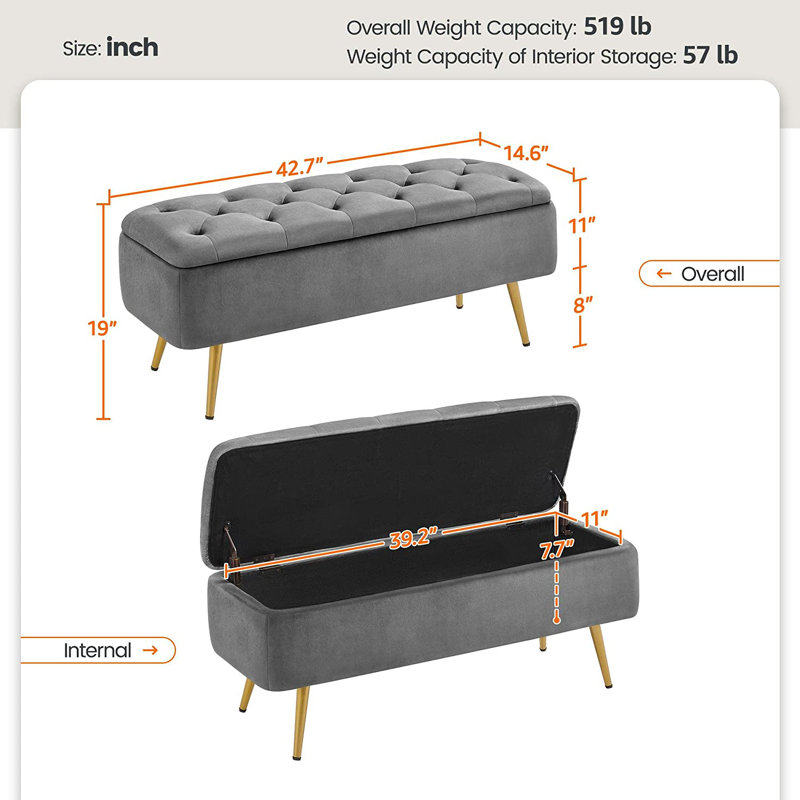 Upholstered Storage Bench, Gray