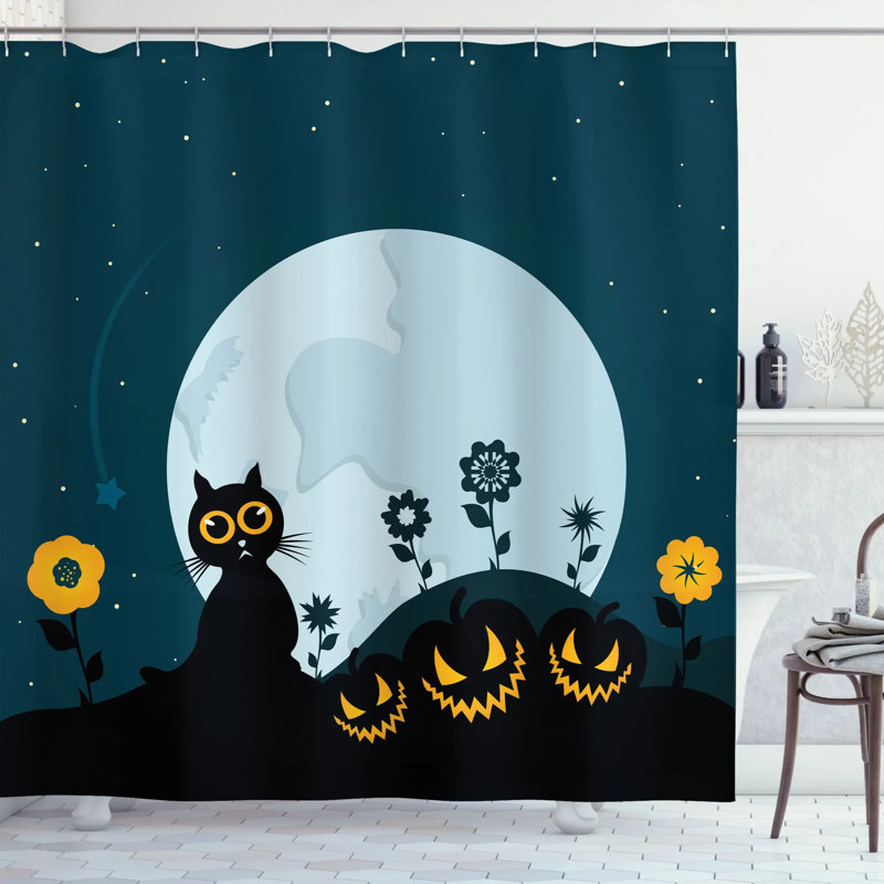 Rideau de douche et crochets pour chat kitty under moon halloween, H 69 po x l 105 po