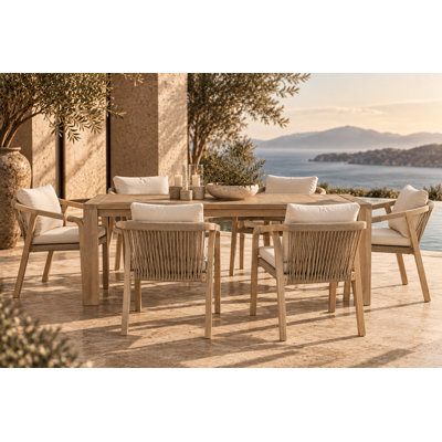 Joly 7-Piece 6-Person Acacia Wood Outdoor Dining Set – Rectangular Patio Table with Umbrella Hole & 6 Stackable Rope Weave Cushioned Chairs - Beige