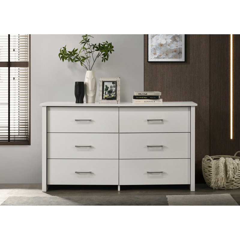 Commode 6 tiroirs l 57 po avec poignées argent, Blanc