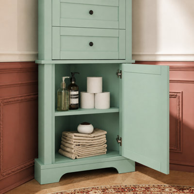 Meuble de rangement de coin triangulaire Orralyn 68,9 po, meuble haut en MDF avec 3 tiroirs, tablette réglable, tablette ouverte, porte et trousse anti-basculement pour salle de bain, cuisine, salon