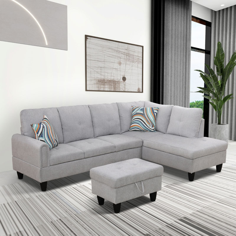Straton 3 - Piece L-Shaped Modular Living Room Sectional Sofa with Ottoman, Right Hand Facing, Gray Velvet