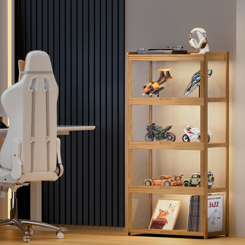 4-Tier Display Cabinet With Flip Up Door, Curio Cabinet Collection Display Shelf Showcase Bookcase, Brown/Clear