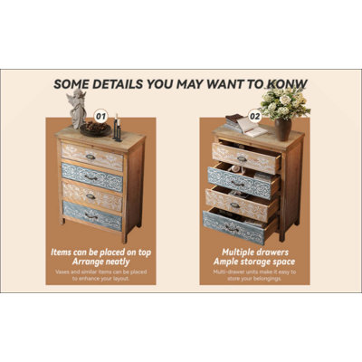 Commode vintage à 4 tiroirs avec motif en bois patiné et orné, commode de rangement rustique pour chambre à coucher / salon