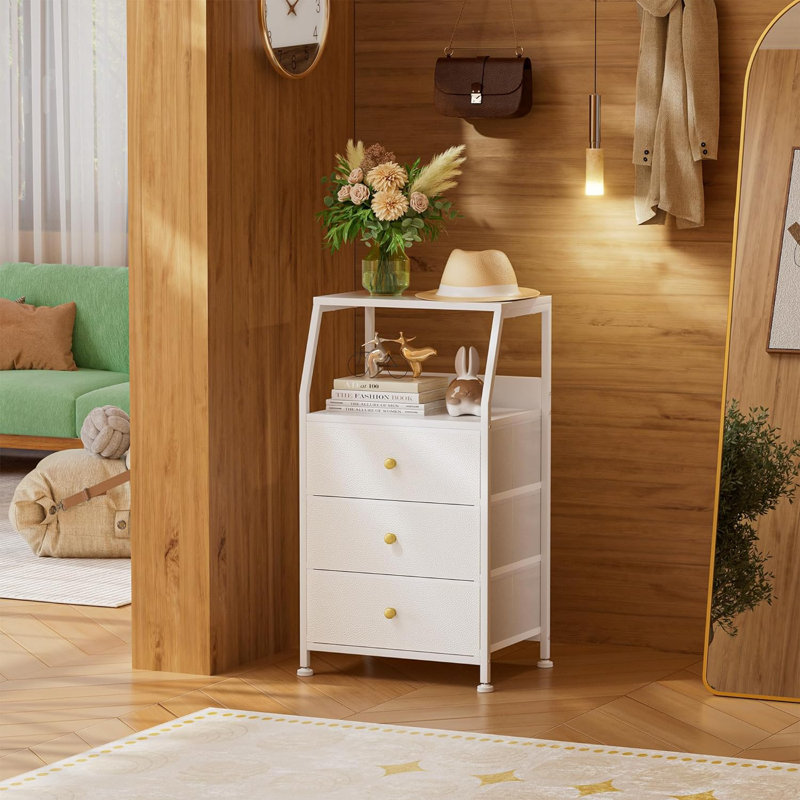 White Nightstand with 3 Fabric Storage Drawers, Small Dresser for Bedroom, Entryway, Hallway, College Dorm Furniture Bedside End Table Table Closet Organizer Maylei
