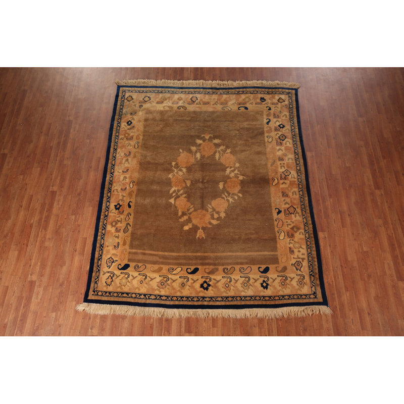 Tapis oriental brun en laine fait à la main de style Gabbeh 7 x 9