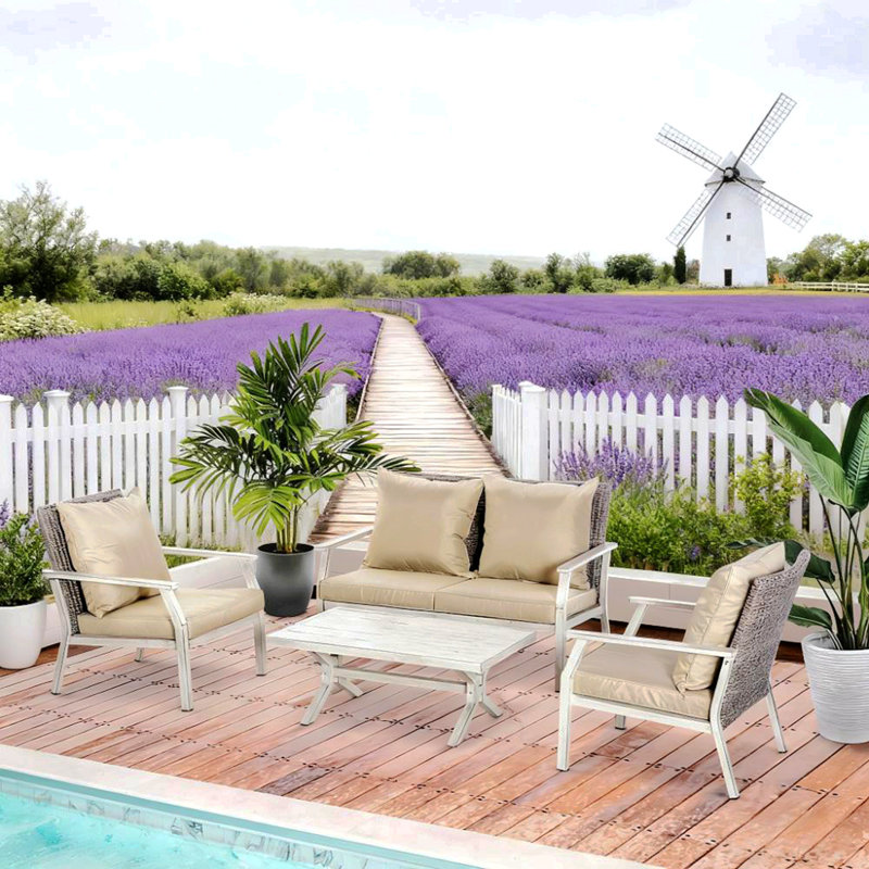 Beige  Outdoor Wicker Conversation Sofa Sets 4 Pieces Set With Cushions For Backyard, Poolside, Garden