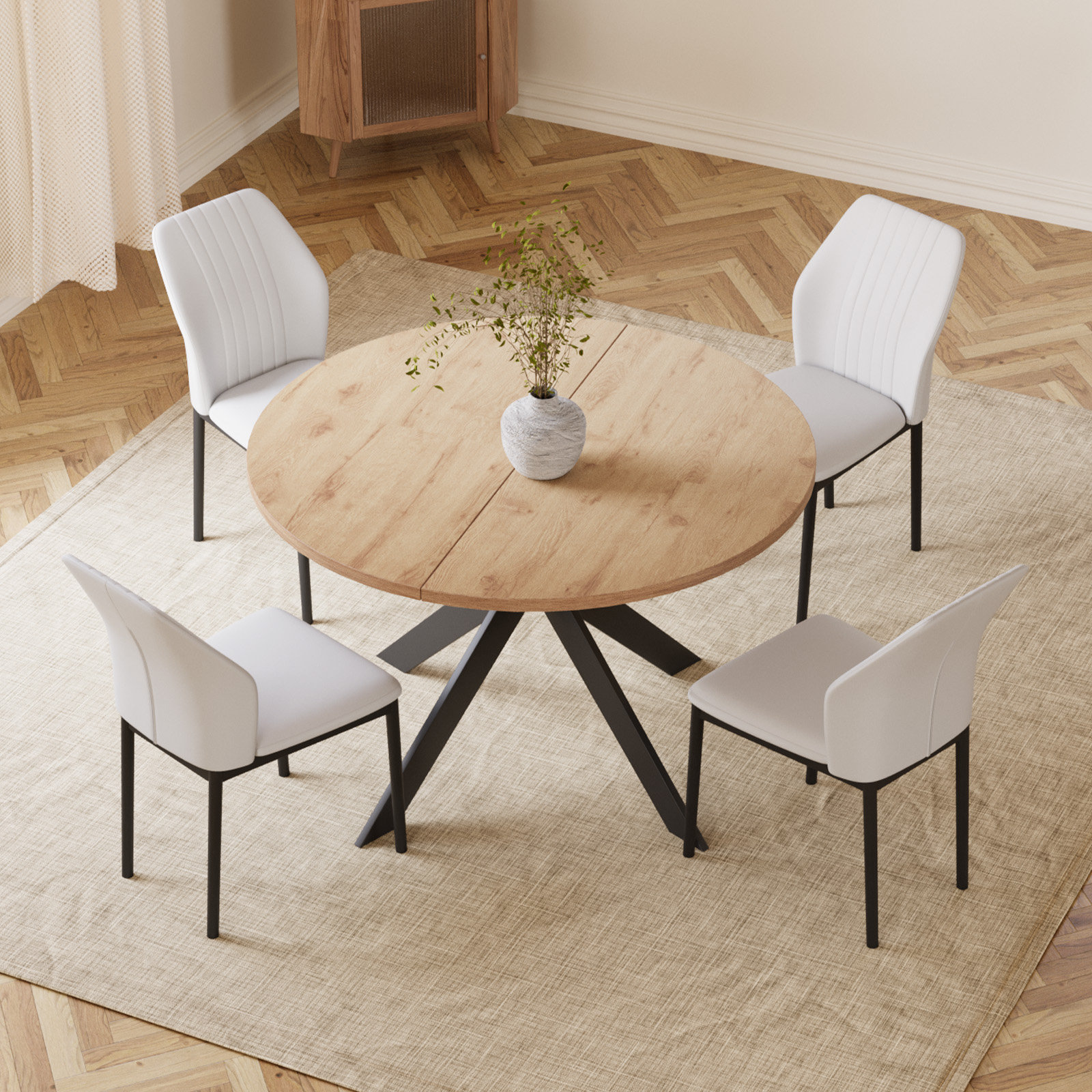 Kiayanna 46.4 Round Table Metal Legs Dining Table Set with 4 Dining Chairs George Oliver Chair Color Beige