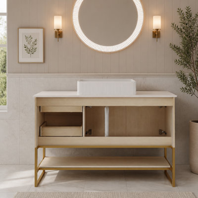 Meuble-lavabo autoportant moderne de 36 pouces avec lavabo vasque en céramique, armoire, 2 tiroirs et tablette ouverte, structure en acier inoxydable, convient aux robinets de 1,38 po