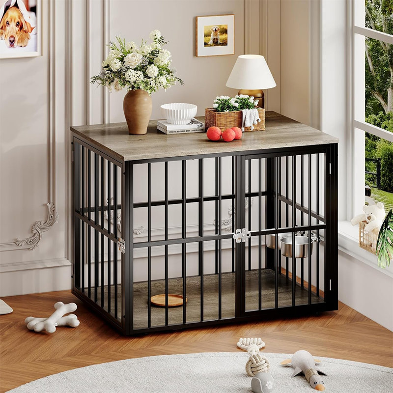 Meuble pour chien de 43 pouces, chenil d'intérieur en bois robuste avec portes doubles et bols d'alimentation réglables, table d'appoint latérale pour chiens de taille moyenne à grande
