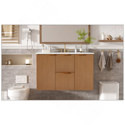 [Vidéo] Meuble-lavabo simple 36 po avec comptoir en céramique, armoire en panneau de fibres à densité moyenne, portes à fermeture en douceur, tiroirs divisés, meuble-lavabo mural moderne