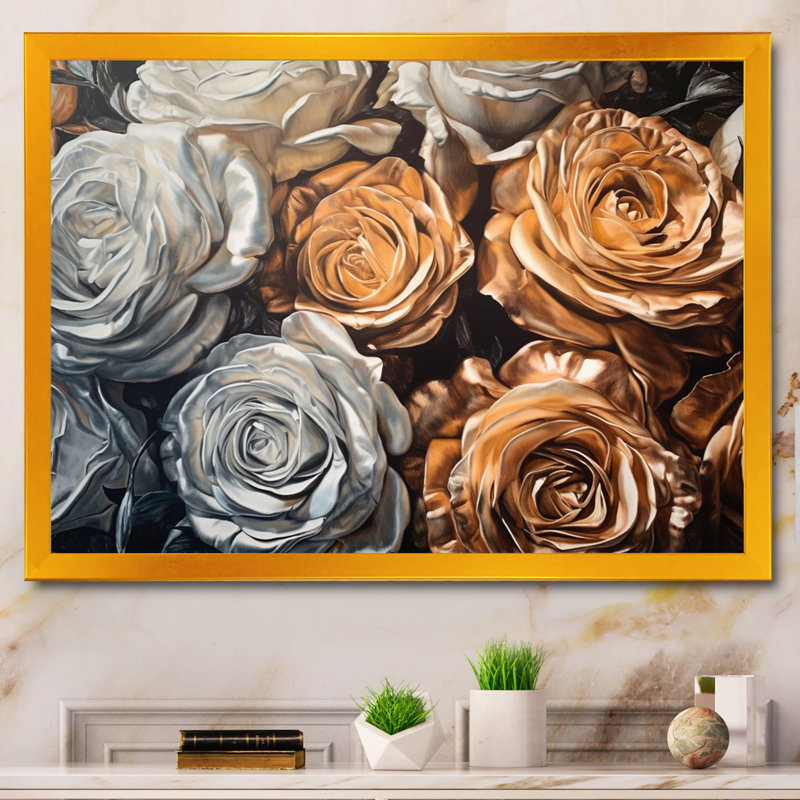 " Gold Roses In Bloom ", 34" H x 44" W x 1.5" D, Gold Floater Framed